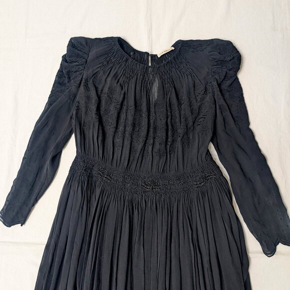 Ulla Johnson Dresses & Skirts - Ulla Johnson Black Embroidered Long Sleeve Scalloped Silk Midi Dress Size 6